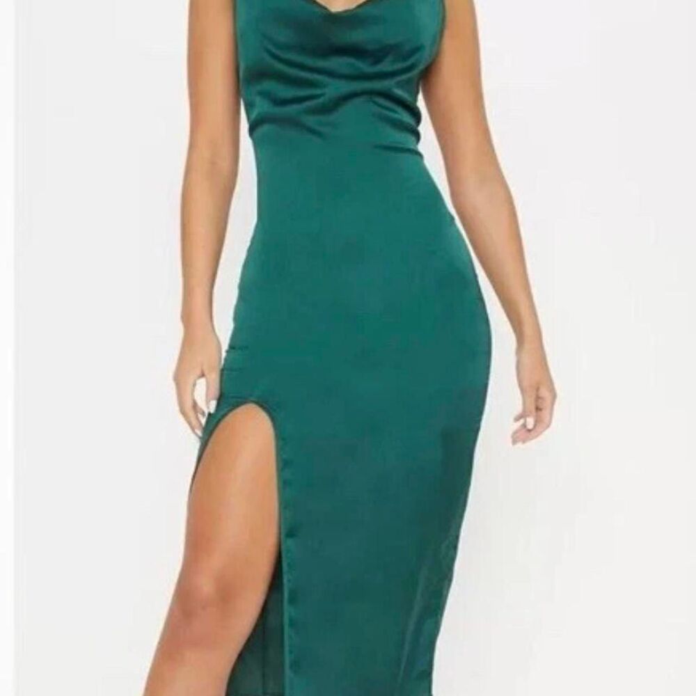 PrettyLittleThing Emerald Silk Satin Slip Dress w/ Slit US 0